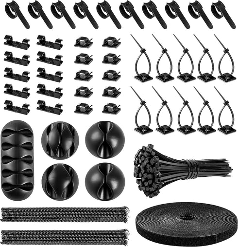 Cable Management Organizer Kit 2 Cable Sleeve Split with 41Self Adhesive Cable Clips Holder, 10pcs and 2 Roll Self Adhesive tie and 100 Fastening ...