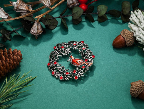 Cardinal on Wreath Pin Red Bird with Crystal Flower Green Leaf Christmas Brooches for Women Gifts Holiday Party Decorations with Message Card & Bo...