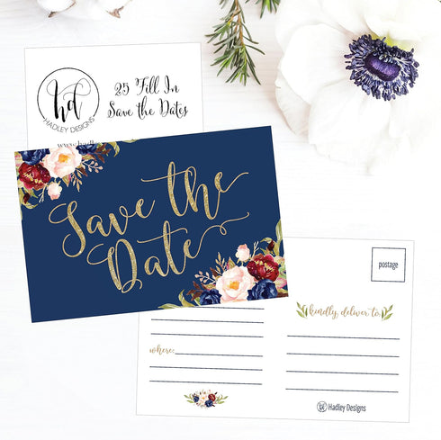 Hadley Designs 25 Navy Floral Save The Date Cards For Wedding, Engagement, Anniversary, Baby Shower, Birthday Party, Flower Save The Dates Postcar...