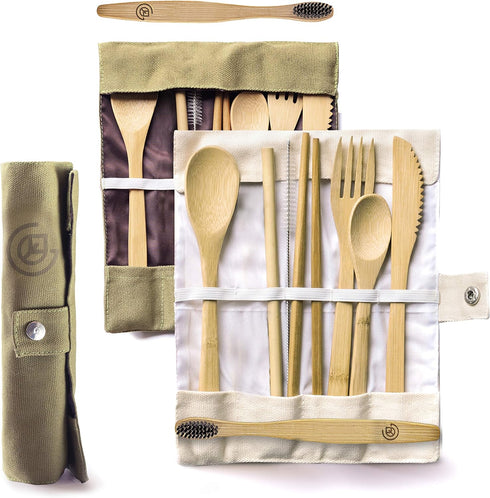 Greenzla 2-Pack Bamboo Utensils Set | With Bonus 2 Bamboo Toothbrushes | Natural Bamboo Straw, Spoon, Fork, Knife, Teaspoon, Chopsticks, Brush & 2...