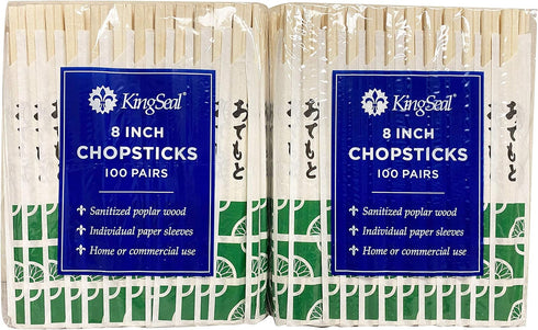200 Count | KingSeal 8 Inch Natural Poplar Disposable Wood Chopsticks, Paper Sleeve, Waribashi, Bulk Pack - 2 Packs x 100 Pairs...