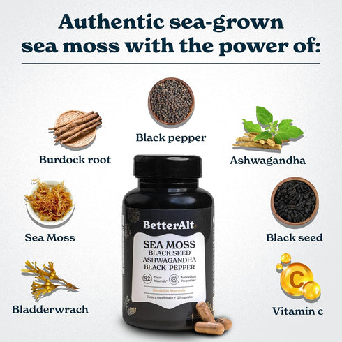 Sea Moss Capsules- Irish Sea Moss with Black Seed Oil, Ashwagandha & Black Pepper for Stamina, Strength & Endurance- High Potency Sea Moss Supplem...