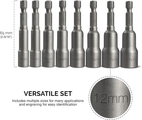 NEIKO 10065A 1/4” Hex Shank Magnetic Power Impact Nut Driver Set |8 Piece Tool Set | Professional Grade Socket Nut Setters| Metric | Sizes 6 to 13...