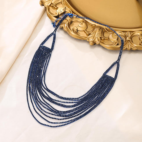 Flyonce Multi Layered Choker Collar Necklace, Glitter Blue Rhinestone Crystal Tassel Multi-Strand Fringe Chains Bib Statement Necklace Prom Jewelr...