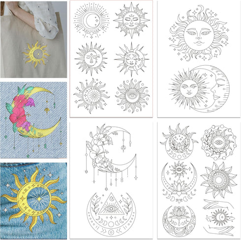 GLOBLELAND 4 Sheets Sun and Moon Pattern Water Soluble Hand Sewing Stabilizers for Fabric Embroidery Stitch Practice Embroidery Stickers Wash Away...