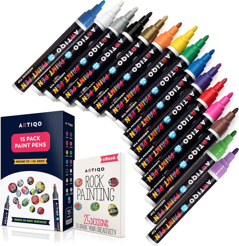 Paint pens for rock painting - Wood, Glass, Metal and Ceramic Works on almost all surfaces set of 15 Vibrant Medium tip Oil Paint Marker Pens, Qui...