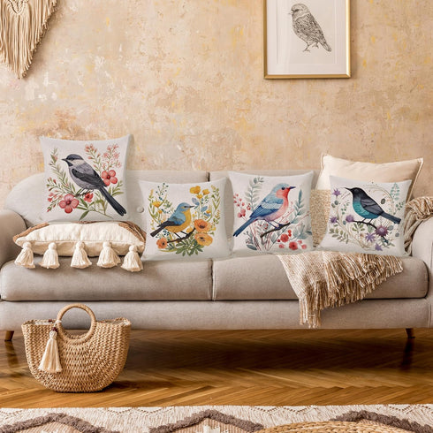 HOSTECCO Bird Floral Throw Pillow Covers 16x16 inch Set of 4 Waterproof Outdoor Pillow Cases Farmhouse Decorative Cushion Covers for Sofa Couch......