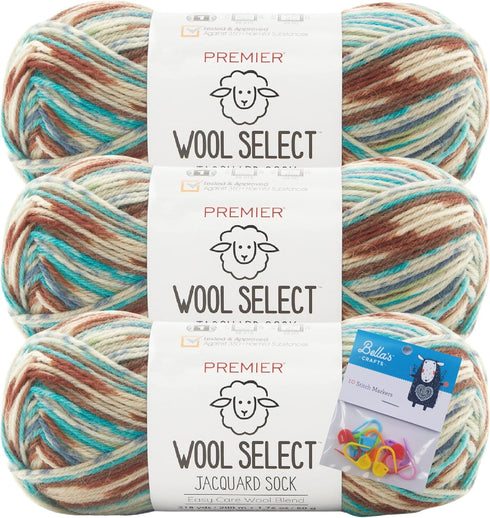 Premier Wool Select Jacquard Sock Yarn - Trailblazer - 3-Pack Bundle with Bellas Crafts Stitch Markers......