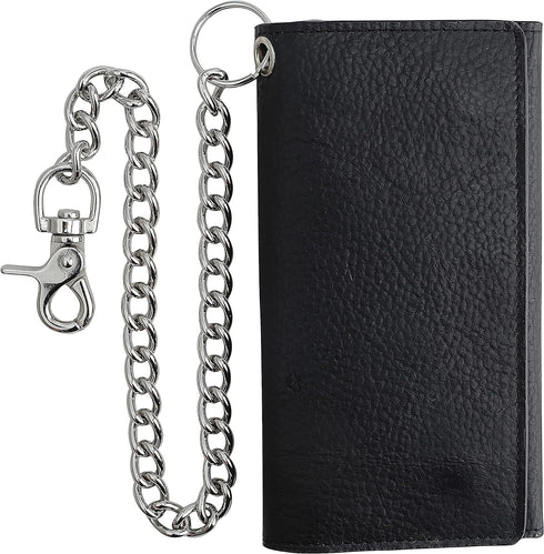 F&L CLASSIC RFID Blocking Mens Tri-fold Long Style Cowhide Leather Steel Chain Wallet,Black...