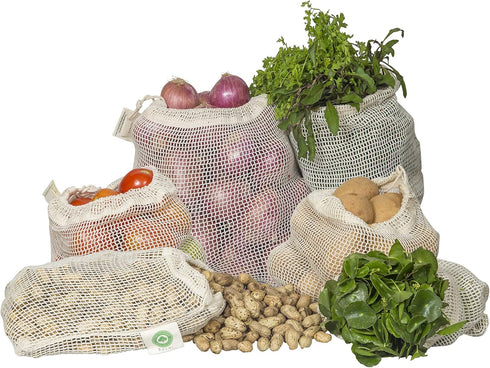 Reusable Organic Cotton Mesh Produce Bags - 100% Cotton, Durable, Double Stitched, Washable with Tare Weight & Drawstring - Mesh Bags for Grocery ...
