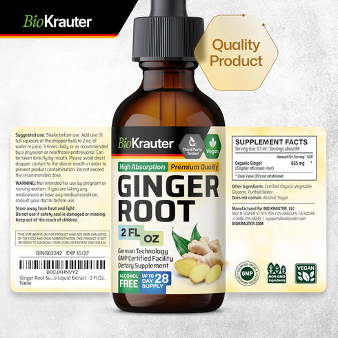 Ginger Root Tincture - Organic Ginger Root Extract - Natural Ginger Supplements for Overall Wellness - Alcohol and Sugar Free - Vegan Drops 2 Fl.O...