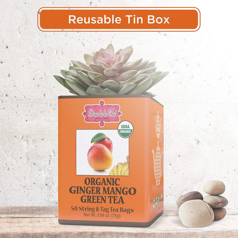 Brew La La Organic Green Tea - Ginger Mango Flavor - 50 Tea Bag Tin - Low Caffeine - USDA Certified Organic...