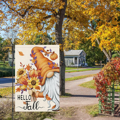 Hello Fall Gnome Garden Flag 12x18 Double Sided Burlap, Pumpkin Sunflower Garden Yard Flags for Thanksgiving Rustic Seasonal Outside Outdoor House...