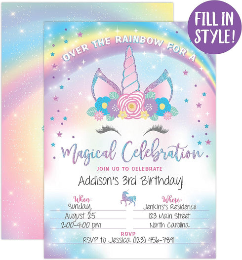 Your Main Event Prints Unicorn Birthday Invitation - Rainbow Unicorn Party Invite - 20 Fill-In Style - Envelopes Not Included...