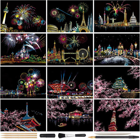 Magic Scratch Art Paper, Mini Envelope Postcard, Rainbow Night View Scratchboard for Adults and Kids, Art & Crafts Set: 12Sheets Scratch Cards & 7...