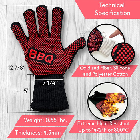 NutriChef BBQ Gloves - 1472°F Heat Resistant, Fireproof Mitts with Non-Slip Silicone Grip, Perfect for Barbecue, Grilling, Cooking, Baking & Campi...