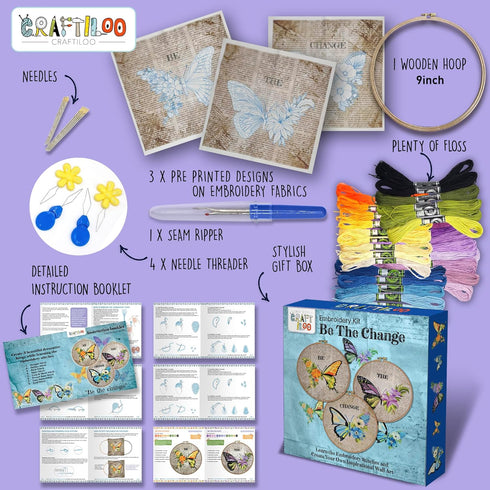 CRAFTILOO Butterfly Embroidery Kits for Adults Butterflies Hand Embroidery kit for Beginners with Stamped Embroidery Patterns Starter Kit. Needlep...