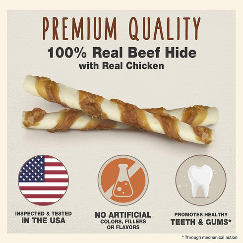 Cadet Gourmet Beef Hide Twist Chew Sticks, Long Lasting & Natural Chew Treats for Dogs, Inspected & Tested in USA, Chicken Flavor (6 Count)...