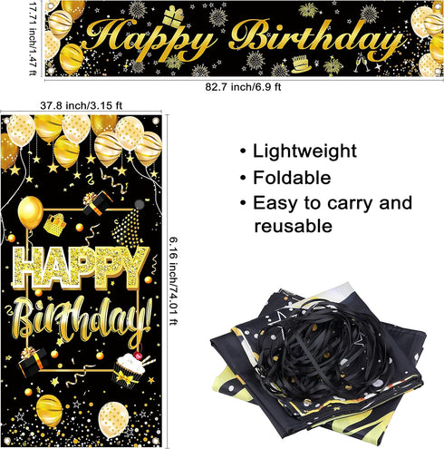 IMISI Happy Birthday Door Banner & Backdrop, Black & Gold, Size 6.16 x 3.15 ft & 6.9 x 1.47 ft, Foldable, Lightweight, Indoor Use, Birthday Occasi...