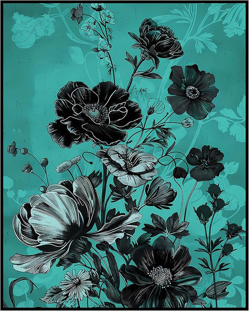 Posterizer 1 pcs-painted bouquet of flowers with blue background-Floral & Botanical Art-Abstract & Modern Art-Decor for Home & Office- UNFRAMED Wa...