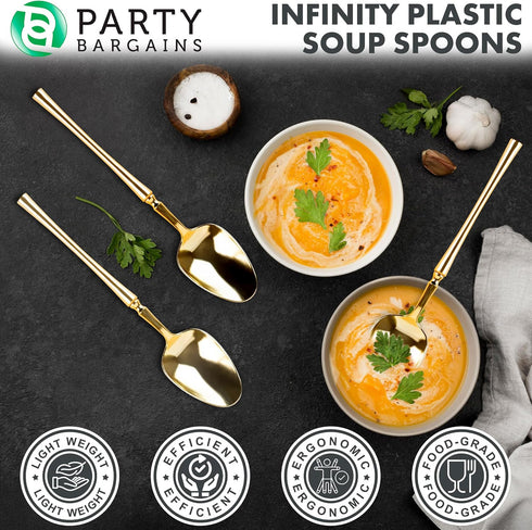 Party Bargains Disposable Plastic Gold Soup Spoons, Infinity Modern Design Utensils, 40 Pack...