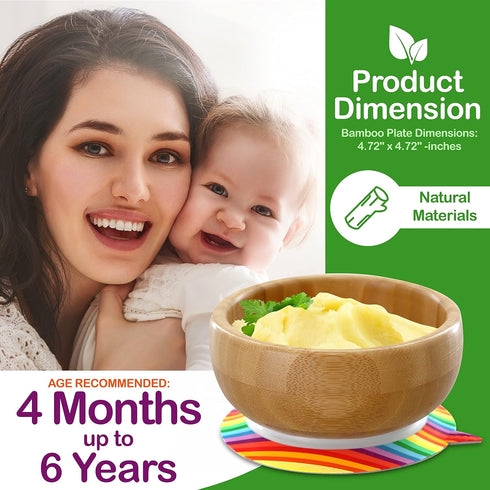 NutriChef Bamboo Baby Feeding Bowl - Wooden Infant Toddler Dish and Spoon Set w/Silicone Suction Base for Stay Put Eating, For Children Aged 4-72 ...