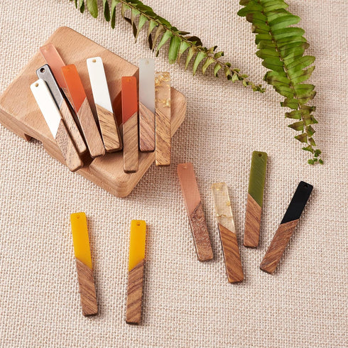 Beadthoven 18pcs/9 Pairs Natural Wood Resin Rectangle Bar Charms Bohemian DIY Earrings Pendants Mixed Colors Vertical Bar Wooden Pieces Pendants f...