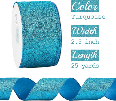 MEEDEE Blue Glitter Ribbon Blue Wired Ribbon 2.5 Inch Metallic Ribbon by 25 Yards Turquoise Ribbon Blue Christmas Ribbon Light Blue Ribbon for Chr...