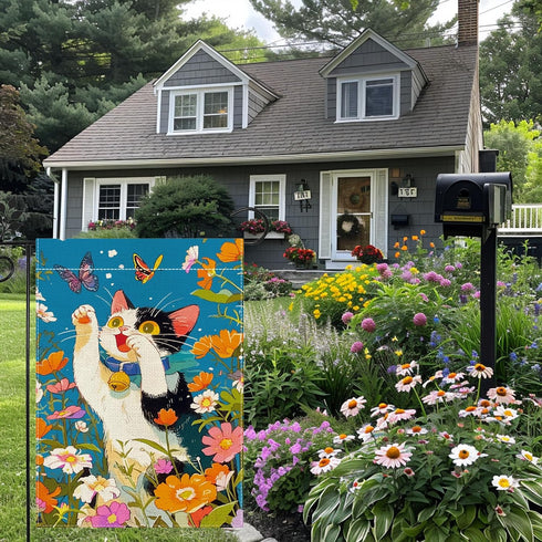 Summer Cat Garden Flag, Flower Butterfly Garden Flag, 12x18 Inch Vertical Double Sided Burlap, Welcome Holiday Yard Lawn Flag, Outdoor Patio House...
