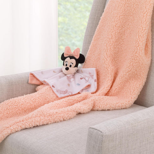 Disney Minnie Mouse White, Light Blue, and Peach Super Soft Security Baby Blanket with Plush Minnie Mouse Head...