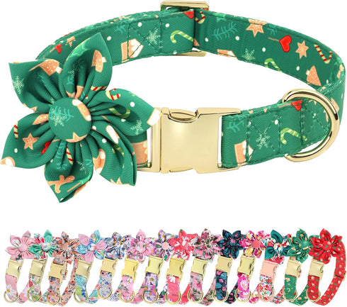 Beirui Cute Christmas Dog Collar Female with Flower, Holiday Girl Dog Collars with Christmas Patterns, Soft Green Pet Collar Adjustable for Small ...
