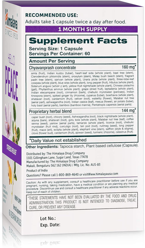 Himalaya Hello Peace, Daily Stress Relief Herbal Supplement, Ashwagandha, Turmeric, Saffron, Eases Nervousness, Relaxation and Calm, Balances Cort...
