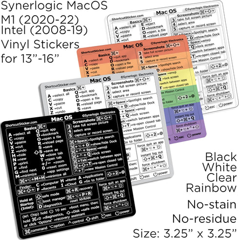 Synerlogic (M+Intel) Mac OS Reference Keyboard Vinyl Shortcut Stickers Compatible with MacBook Pro Air iMac Mini (4-Pack Black/White/Clear/Rainbow...