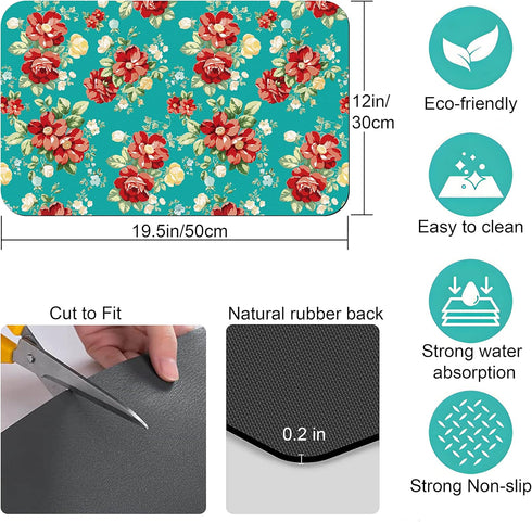 Coffee Bar Mat Accessories for Countertop Pioneer Flower Absorbent Hide Stain Rubber Backed Dish Drying Mats for Kitchen Counter Draining Pad Deco...