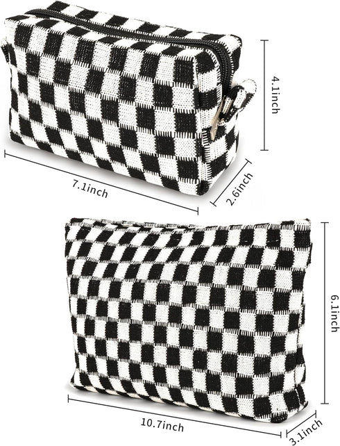 2Pcs Makeup Bag For Women - Large Checkered Knitted Cosmetic Bags&Small Makeup Pouch Aesthetic Design Travel Toiletry Bag Skincare Bag Car Storage...