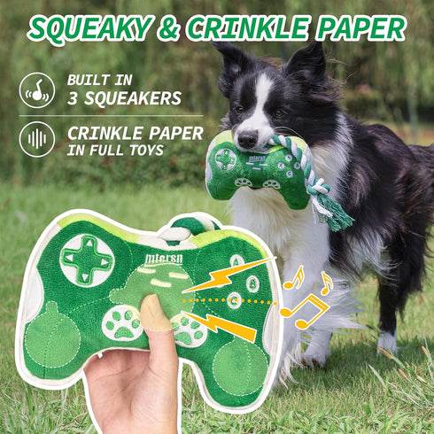 Squeaky Dog Toys : Interactive Dog Plush Toy with Full Crinkle Paper and Cute Puppy Chew Toys with Rope - Funny Gaming Controller Shape Dog Birthd...