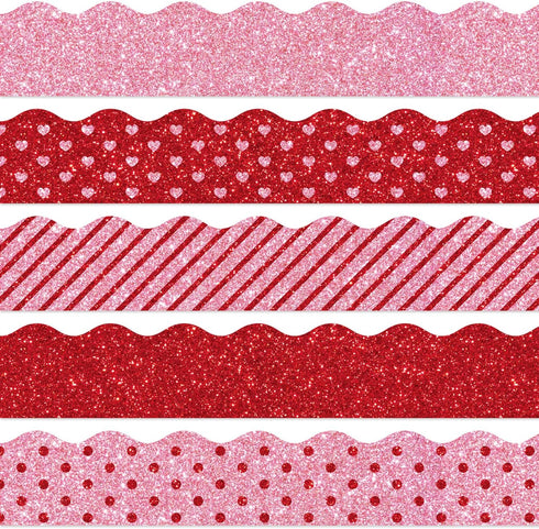 Whaline 69Ft Valentine's Day Glitter Bulletin Board Borders 5 Designs Shine Red Pink Heart Stripe Dot Decoration Trim Bulletin Board Stickers for ...