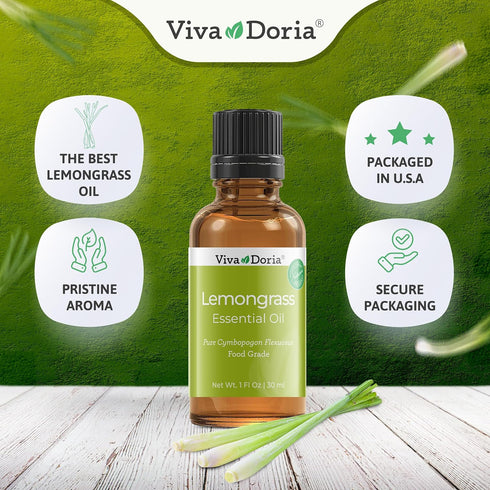 Viva Doria 100% Pure Lemongrass Essential Oil, Undiluted, Food Grade, Guatemalan Lemongrass Oil 30 mL (1 Fl Oz)...
