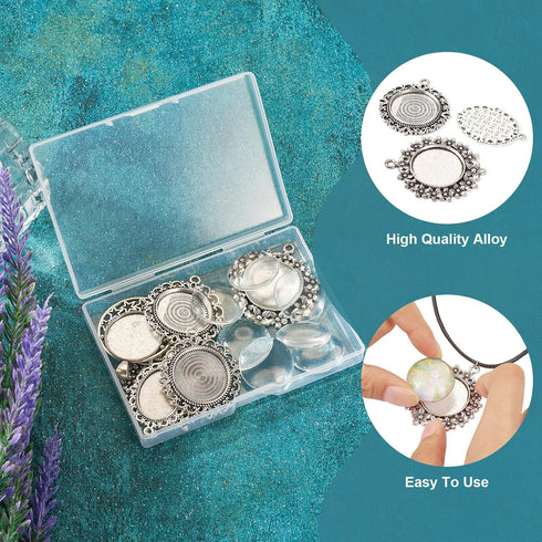 FASHEWELRY 16Pcs Oval Round Bezel Pendant Trays Antique Silver Bezel Blanks Cabochon Setting with Clear Glass Cabochon for Photo Pendant Craft Jew...