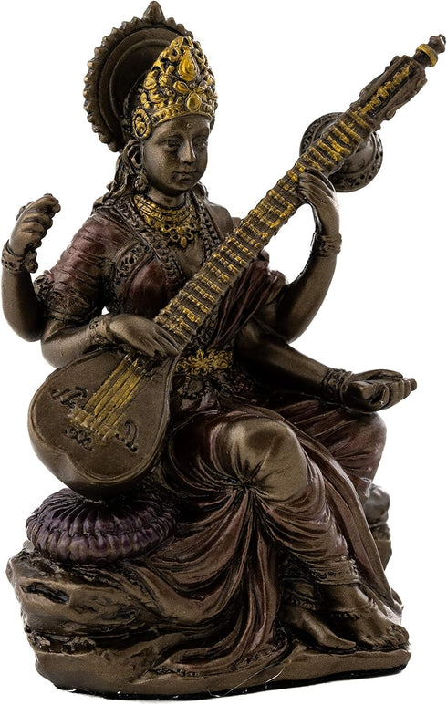 Top Collection Mini Saraswati Statue - Hindu Goddess of Knowledge, Music, Arts, and Wisdom Sculpture in Premium Cold Cast Bronze - 3-Inch Collecti...