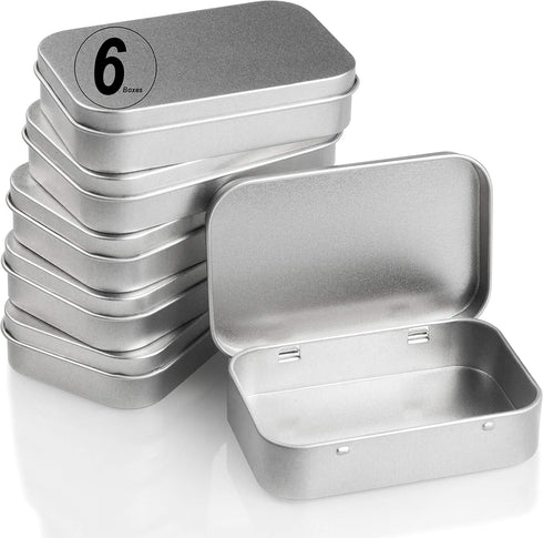 6 Pack Hinged Tin Box Containers - 3.7 x 2.4 x 0.8 inch Metal Tins Storage Boxes with Lids, Rectangular Empty Small Home Craft Organizer for Gift,...