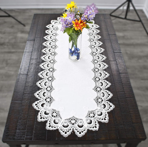 White Jacquard Peacock Tail European Lace Table Runner, Dresser Scarf, Wedding Décor (16Wx44L)...