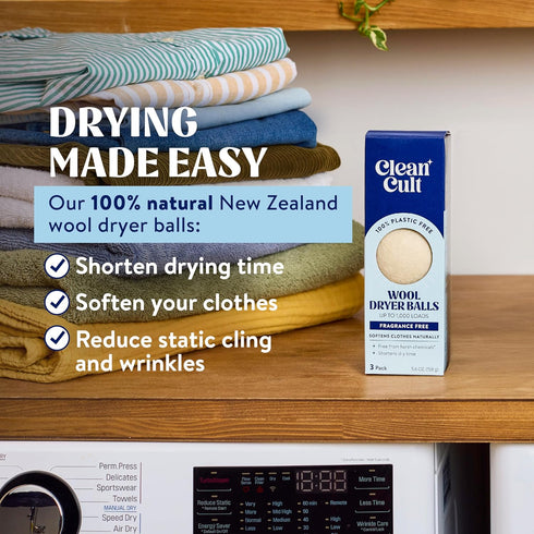Cleancult Wool Dryer Balls (3 Count) - Made from 100% New Zealand Wool - Biodegradable Dryer Balls - Shorten Dry Times, Soften Clothes, and Stop S...