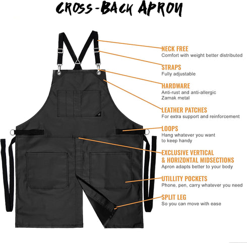 Under NY Sky Cross-Back Black Apron – Chrome Hardware, Coated Twill, Leather Reinforcement, Split-Leg – Adjustable for Men, Women, Pro Barber, Tat...