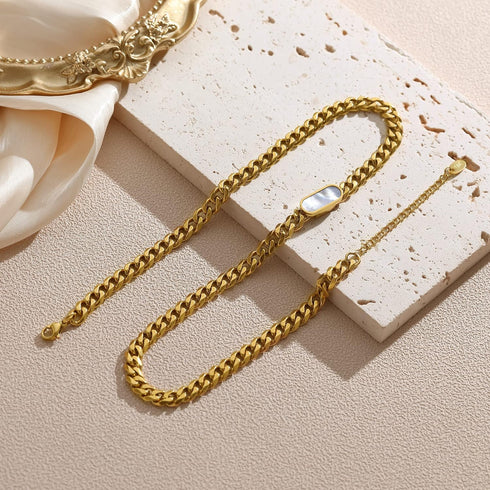 Womens 18K Real Gold Plated Dainty Necklace Choker With Mother-of-Pearl Shell, 6mm 316L Stainless Steel Diamond-Cut Curb Cuban Link Chain(6mm,16in...