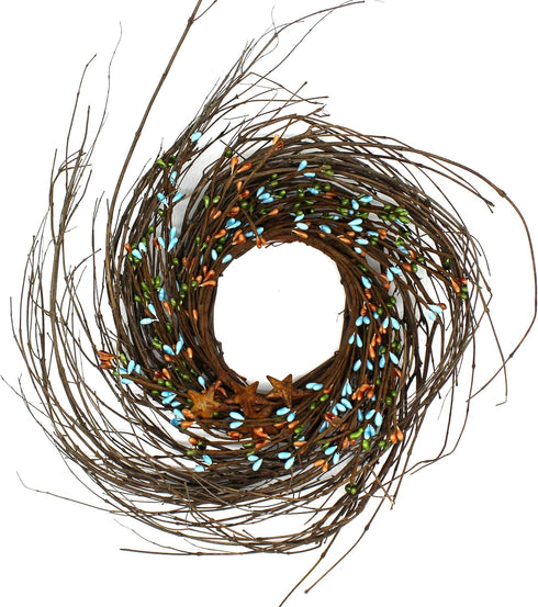 CVHOMEDECO. Primitives Rustic Pip Berries and Twig with Rusty Barn Stars Wreath, 10-Inch, Country Mix...