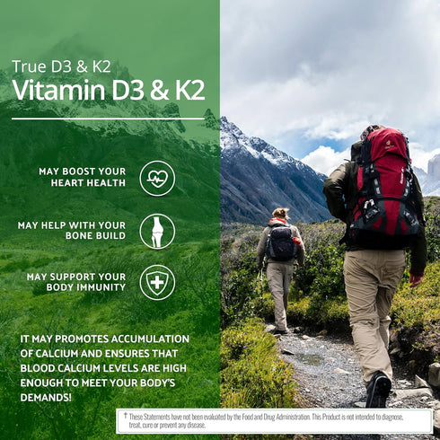 True Booster for Health Vitamin D3 & K2 Capsules - 125mcg D3 (5000 IU) & 90mcg K2 - Heart, Bone, and Immune Support - 120 Vegetarian Capsules - Ea...
