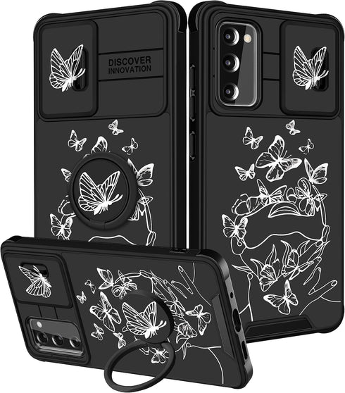 (2in1 for Samsung Galaxy S20 FE Case for Women Cute Girls Cover Butterfly Girly Pretty Kawaii White Butterfly Design with Camera Cover and Ring St...