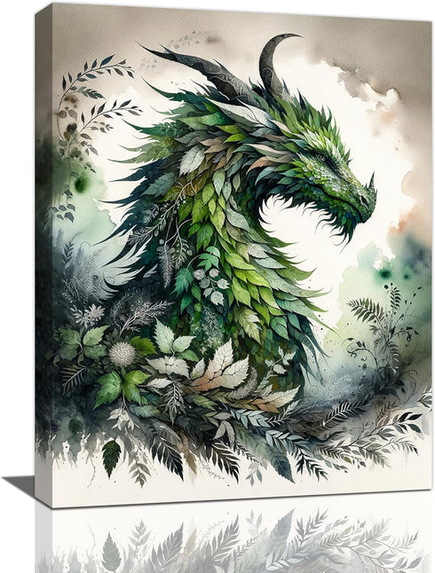 Dragon Wall Art Green Dragon Pictures Wall Decor Dragon Leaf Canvas Nature Painting Modern Artwork Home Decoration for Bathroom Living Room Bedroo...