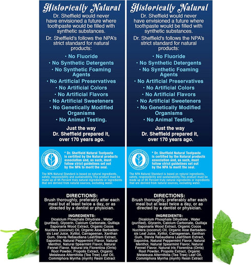 Dr. Sheffield’s Certified Natural Toothpaste (Peppermint) - Great Tasting, Fluoride Free Toothpaste/Freshen Your Breath, Whiten Your Teeth, Reduce...